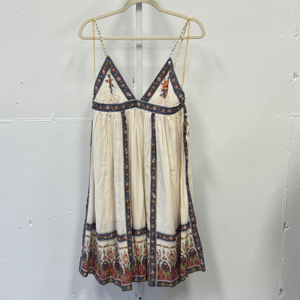 NWT Derek Heart Boho Cotton Midi Dress Cream Floral Embroidered Mirror Sequin M
